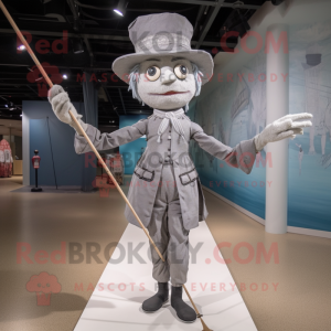 Gray Tightrope Walker mascot costume character dressed with a Sheath Dress and Hats