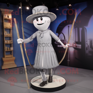 Gray Tightrope Walker mascot costume character dressed with a Sheath Dress and Hats