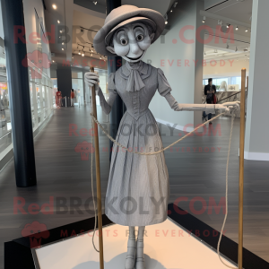 Gray Tightrope Walker mascot costume character dressed with a Sheath Dress and Hats