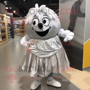 Silver Potato mascot costume character dressed with a Skirt and Shoe laces