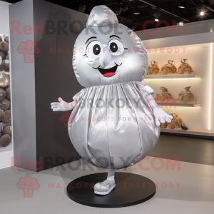 Silver Potato mascot costume character dressed with a Skirt and Shoe laces