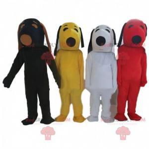4 mascotes Snoopy em cores diferentes, trajes famosos