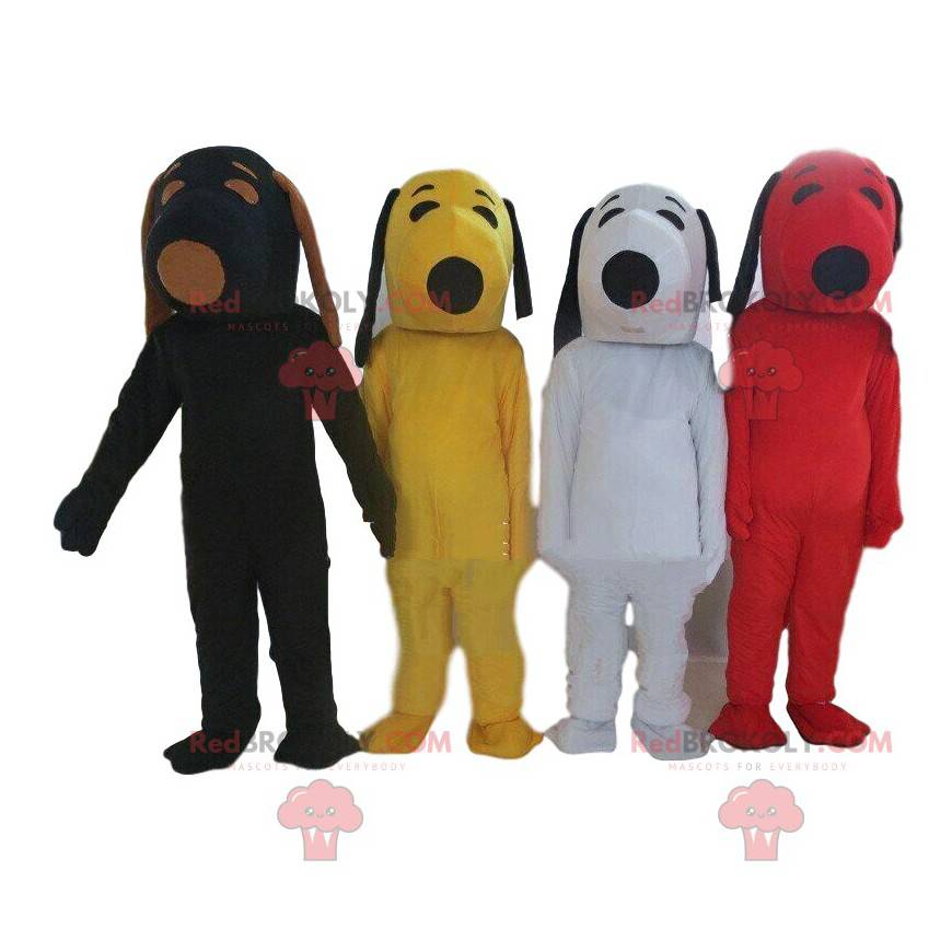 4 mascottes de Snoopy de différentes couleurs, costumes