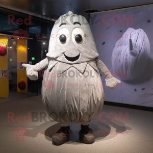 Silver Potato mascot costume character dressed with a Skirt and Shoe laces
