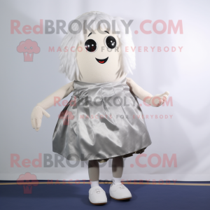 Silver Potato mascot costume character dressed with a Skirt and Shoe laces