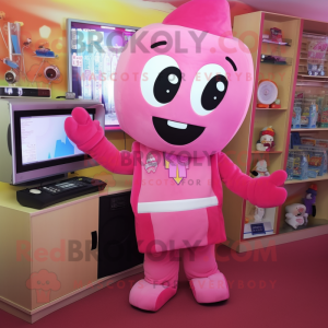 Pink Television mascot costume character dressed with a Overalls and Scarf clips