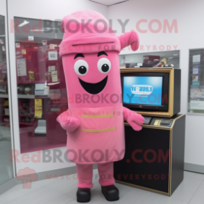 Pink Television mascot costume character dressed with a Overalls and Scarf clips