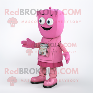 Pink Television mascot costume character dressed with a Overalls and Scarf clips