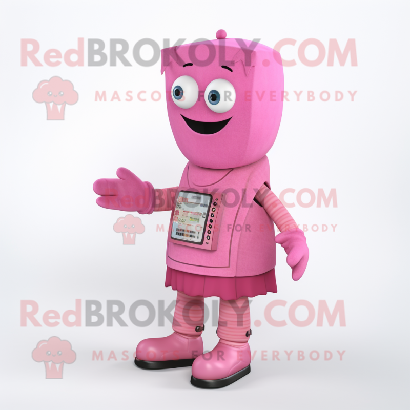 Pink Television mascot costume character dressed with a Overalls and Scarf clips Pink Television mascot costume character dressed with a Overalls and Scarf clips