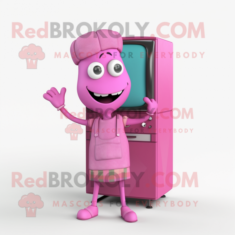 Pink Television mascot costume character dressed with a Overalls and Scarf clips Pink Television mascot costume character dressed with a Overalls and Scarf clips