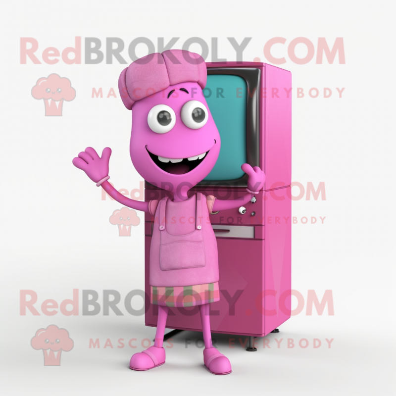 Pink Television mascot costume character dressed with a Overalls and Scarf clips