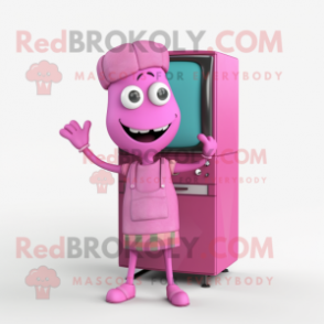 Pink Television mascot costume character dressed with a Overalls and Scarf clips