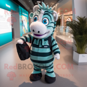 Teal Zebra mascot costume character dressed with a Coat and Backpacks