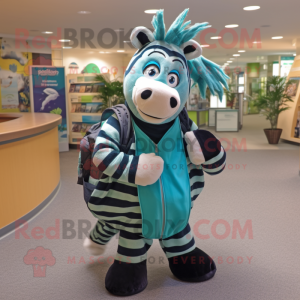 Teal Zebra mascot costume character dressed with a Coat and Backpacks