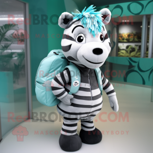 Teal Zebra mascot costume character dressed with a Coat and Backpacks