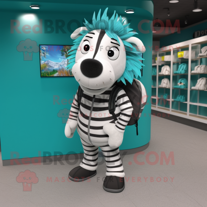 Teal Zebra mascot costume character dressed with a Coat and Backpacks