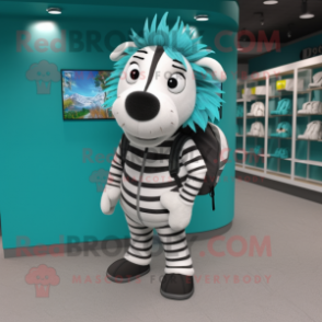 Teal Zebra mascot costume character dressed with a Coat and Backpacks