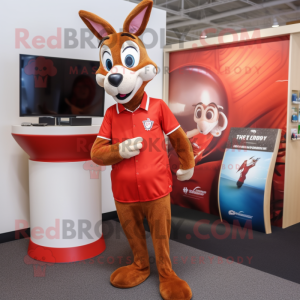 Red Gazelle mascot costume character dressed with a Henley Tee and Watches