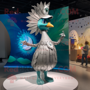 Silver Peacock mascot costume character dressed with a Bikini and Berets