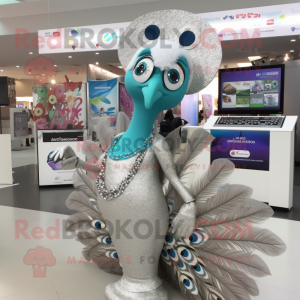 Silver Peacock mascot costume character dressed with a Bikini and Berets
