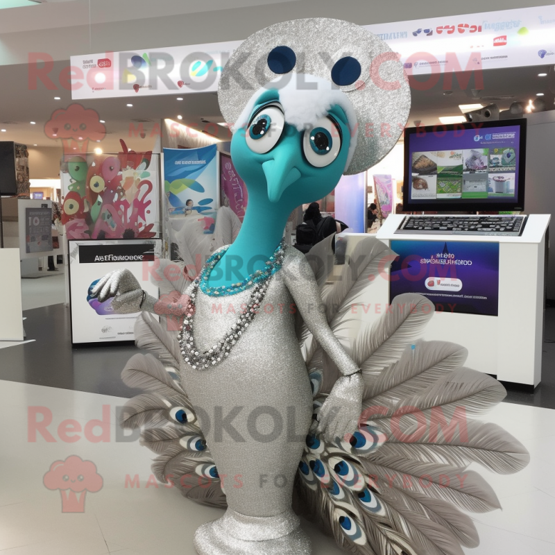 Silver Peacock mascot costume character dressed with a Bikini and Berets Silver Peacock mascot costume character dressed with a Bikini and Berets