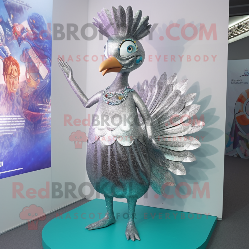 Silver Peacock mascot costume character dressed with a Bikini and Berets Silver Peacock mascot costume character dressed with a Bikini and Berets
