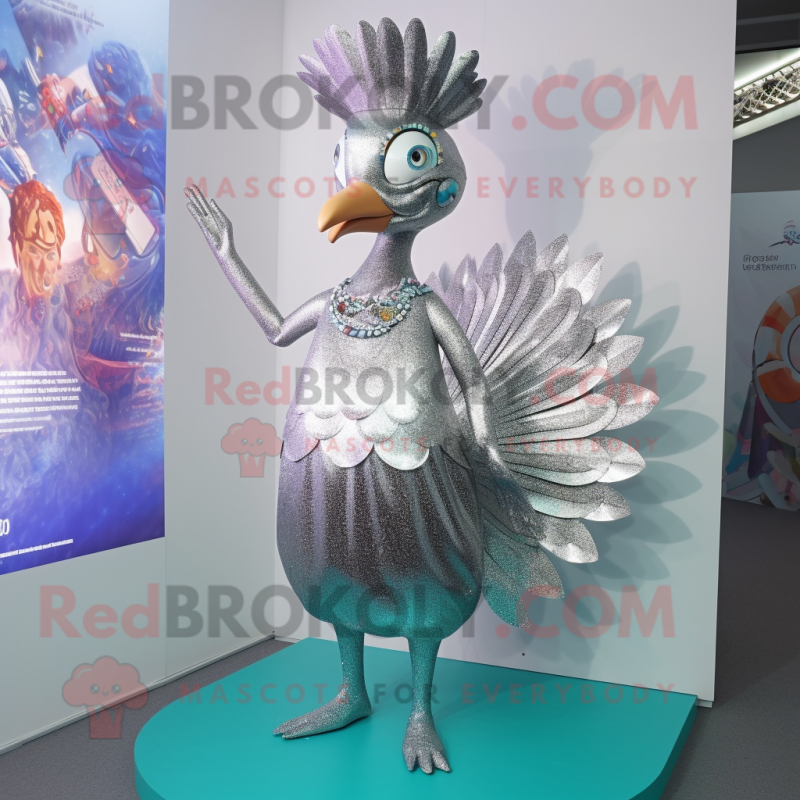 Silver Peacock mascot costume character dressed with a Bikini and Berets