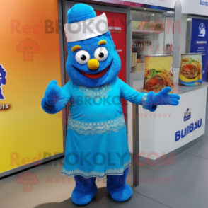 Blue Biryani mascot costume character dressed with a Cover-up and Foot pads