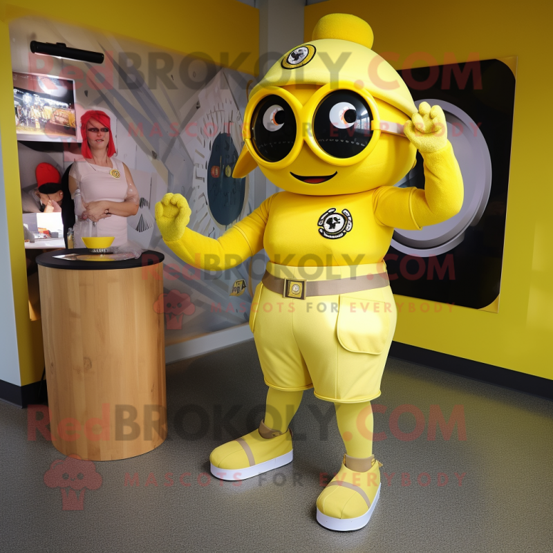 Yellow Commando mascot costume character dressed with a Circle Skirt and Watches