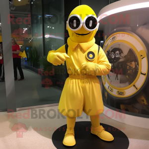 Yellow Commando mascot costume character dressed with a Circle Skirt and Watches