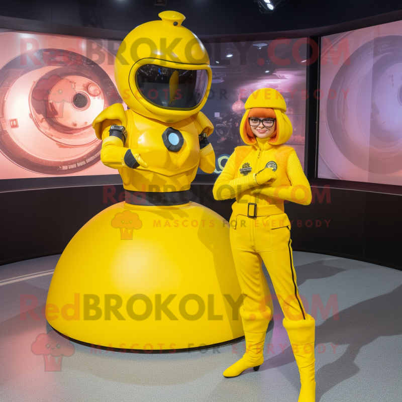 Yellow Commando mascot costume character dressed with a Circle Skirt and Watches Yellow Commando mascot costume character dressed with a Circle Skirt and Watches