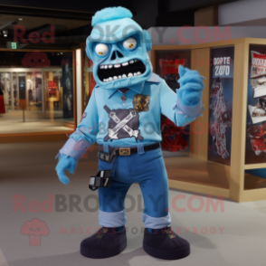 Sky Blue Zombie mascot costume character dressed with a T-Shirt and Belts