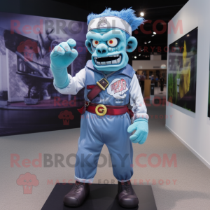 Sky Blue Zombie mascot costume character dressed with a T-Shirt and Belts