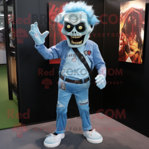 Sky Blue Zombie mascot costume character dressed with a T-Shirt and Belts
