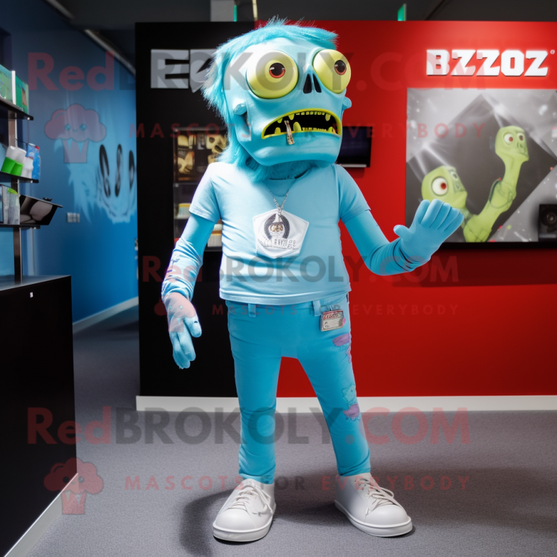 Sky Blue Zombie mascot costume character dressed with a T-Shirt and Belts