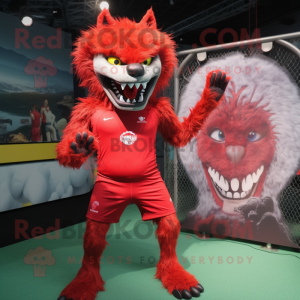 Red Werewolf mascot costume character dressed with a One-Piece Swimsuit and Hairpins