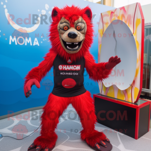Red Werewolf mascot costume character dressed with a One-Piece Swimsuit and Hairpins