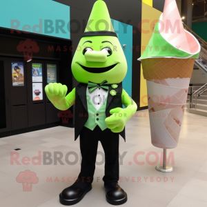 Lime Green Ice Cream Cone mascot costume character dressed with a Tuxedo and Bow ties