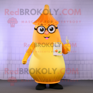 Peach Bottle Of Mustard mascot costume character dressed with a Pleated Skirt and Reading glasses