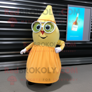 Peach Bottle Of Mustard mascot costume character dressed with a Pleated Skirt and Reading glasses