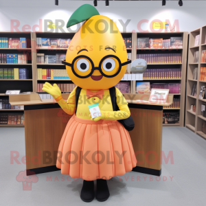 Peach Bottle Of Mustard mascot costume character dressed with a Pleated Skirt and Reading glasses