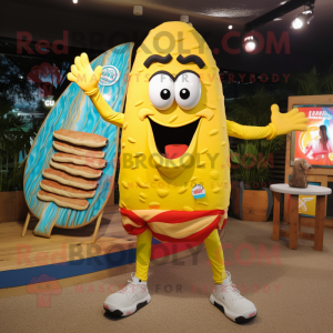 Yellow Burgers mascot costume character dressed with a Board Shorts and Wraps