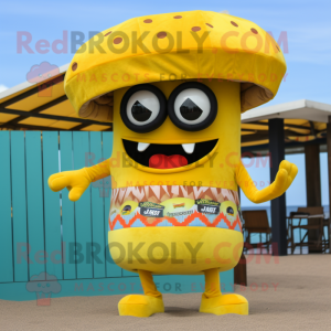 Yellow Burgers mascot costume character dressed with a Board Shorts and Wraps