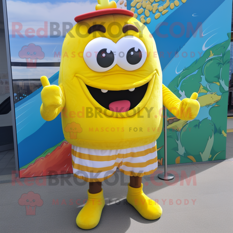 Yellow Burgers mascot costume character dressed with a Board Shorts and Wraps