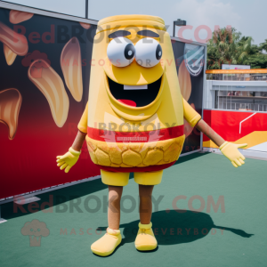 Yellow Burgers mascot costume character dressed with a Board Shorts and Wraps