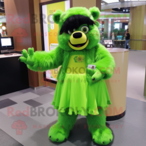 Lime Green Spectacled Bear mascot costume character dressed with a Culottes and Hair clips