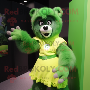 Lime Green Spectacled Bear mascot costume character dressed with a Culottes and Hair clips
