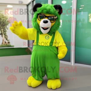 Lime Green Spectacled Bear mascot costume character dressed with a Culottes and Hair clips