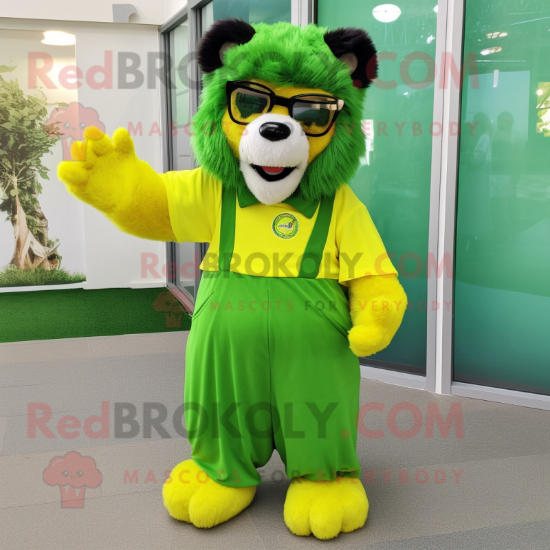 Lime Green Spectacled Bear mascot costume character dressed with a Culottes and Hair clips