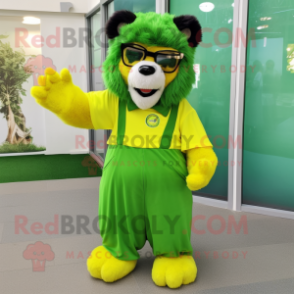 Lime Green Spectacled Bear mascot costume character dressed with a Culottes and Hair clips